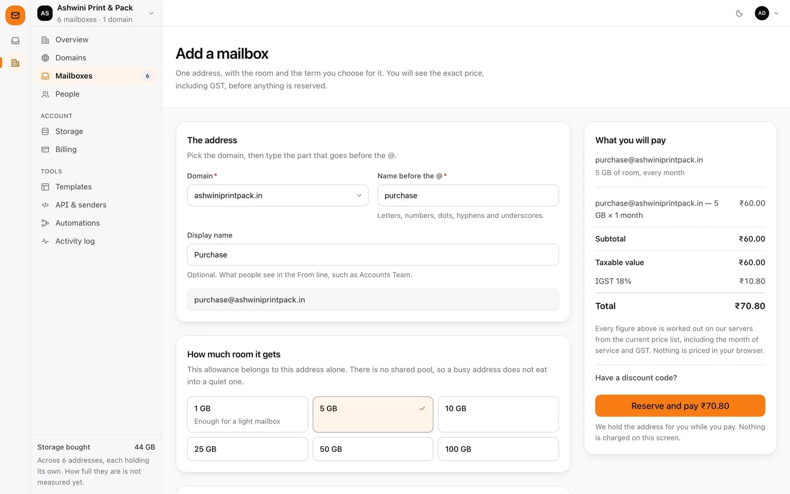 Add a mailbox form with domain, address, display name, storage choice and a price summary including GST