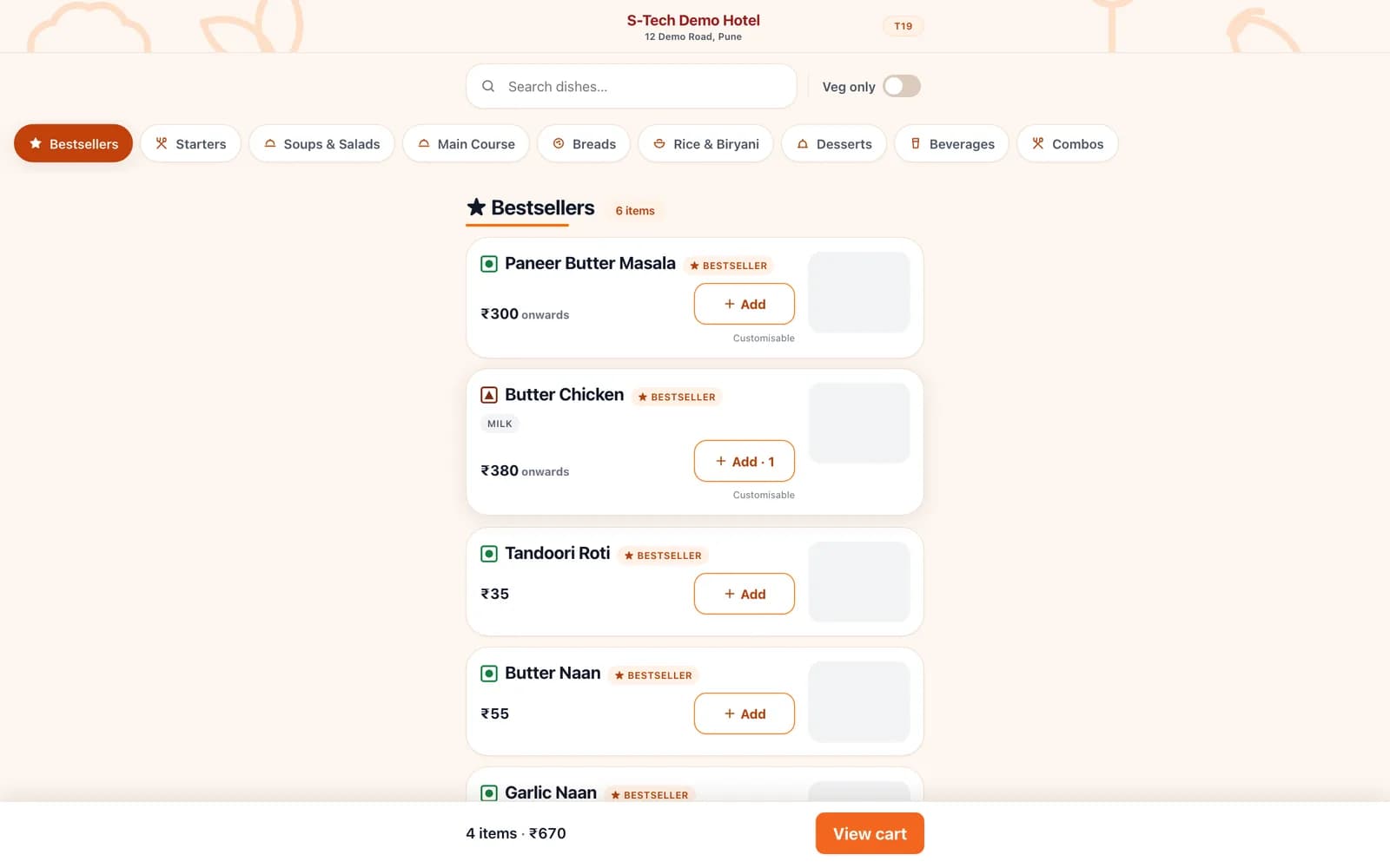 Guest ordering page for table T19 with category tabs, veg-only filter, bestseller dishes and a cart bar showing 4 items for 670 rupees