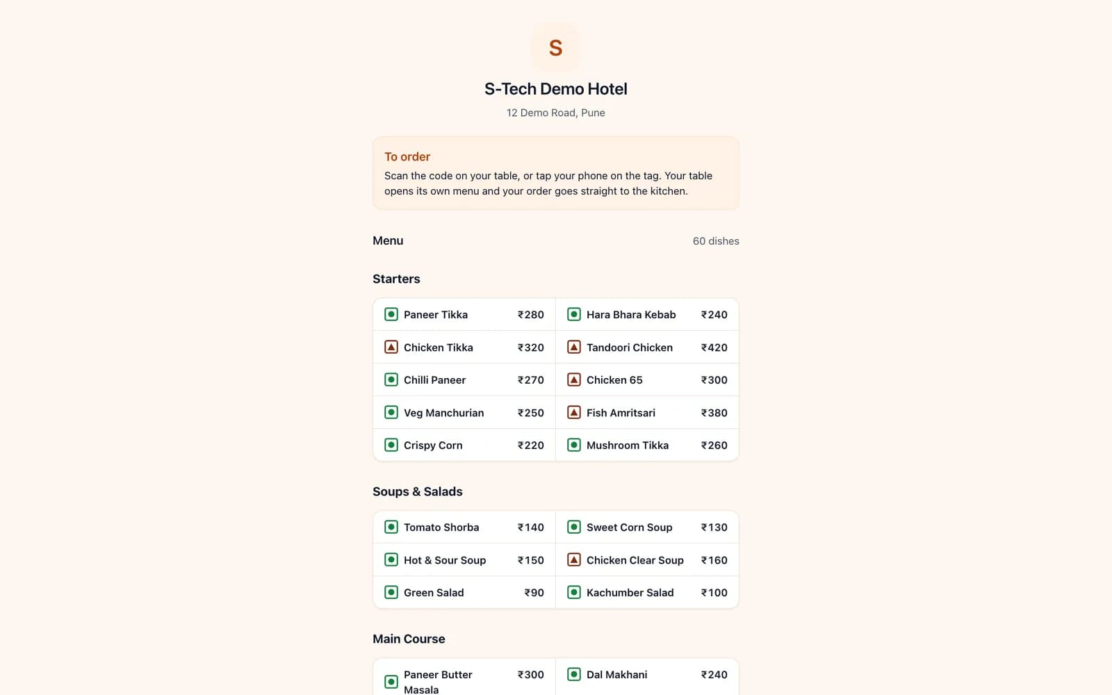 Hotel public page with the address, how to order by QR or NFC, and the full menu with veg and non-veg marks and prices