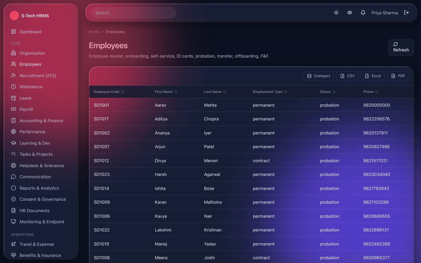 Employee master list with employee code, name, employment type, status and phone, with CSV, Excel and PDF export