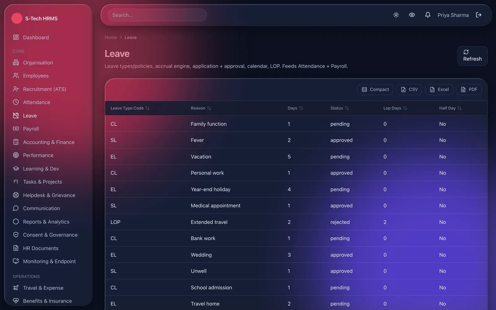 Leave requests showing leave type, reason, days, approval status and loss-of-pay days