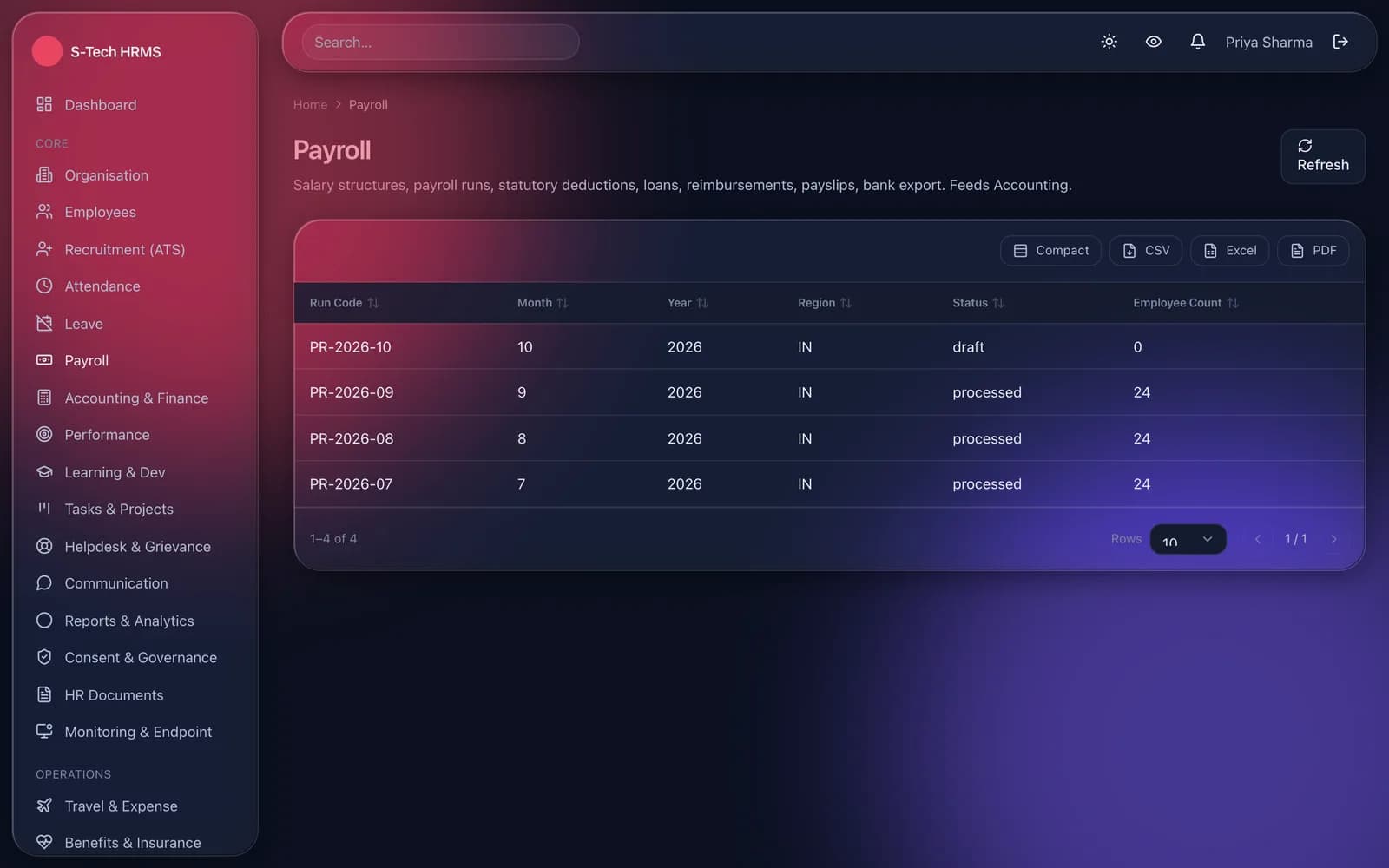 Monthly payroll runs with run code, month, status and number of employees processed