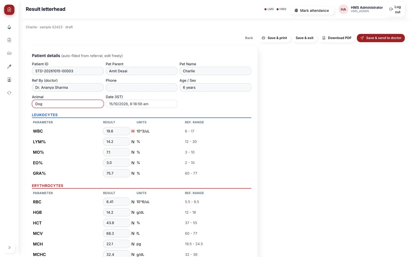 Result report editor with patient details filled from the referral and leukocyte and erythrocyte values, units, flags and dog reference ranges, plus print, PDF and send to doctor buttons.