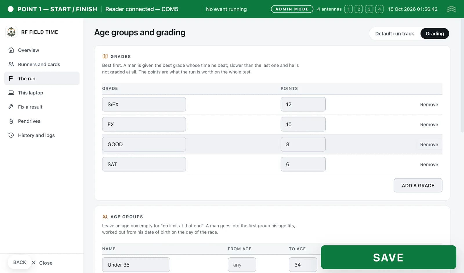 Admin screen for age groups and grading with editable grade names, points and age bands