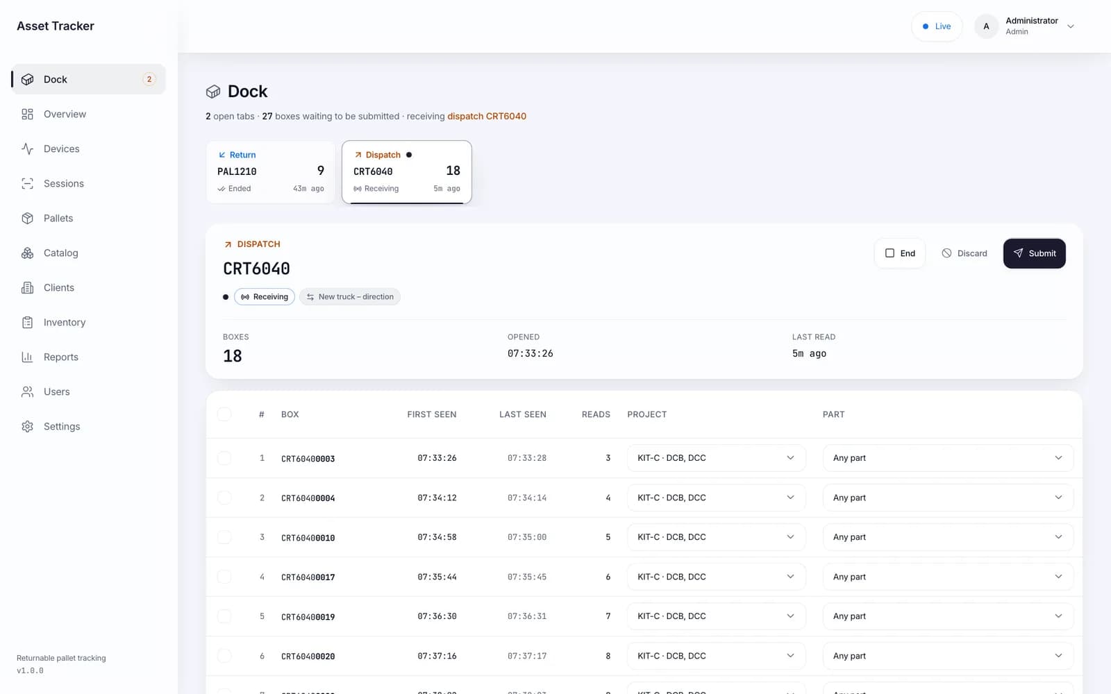 Dock screen with two open shipment tabs, a return and a dispatch still receiving, listing each crate read by the dock reader with first and last seen times, read count and a project per box
