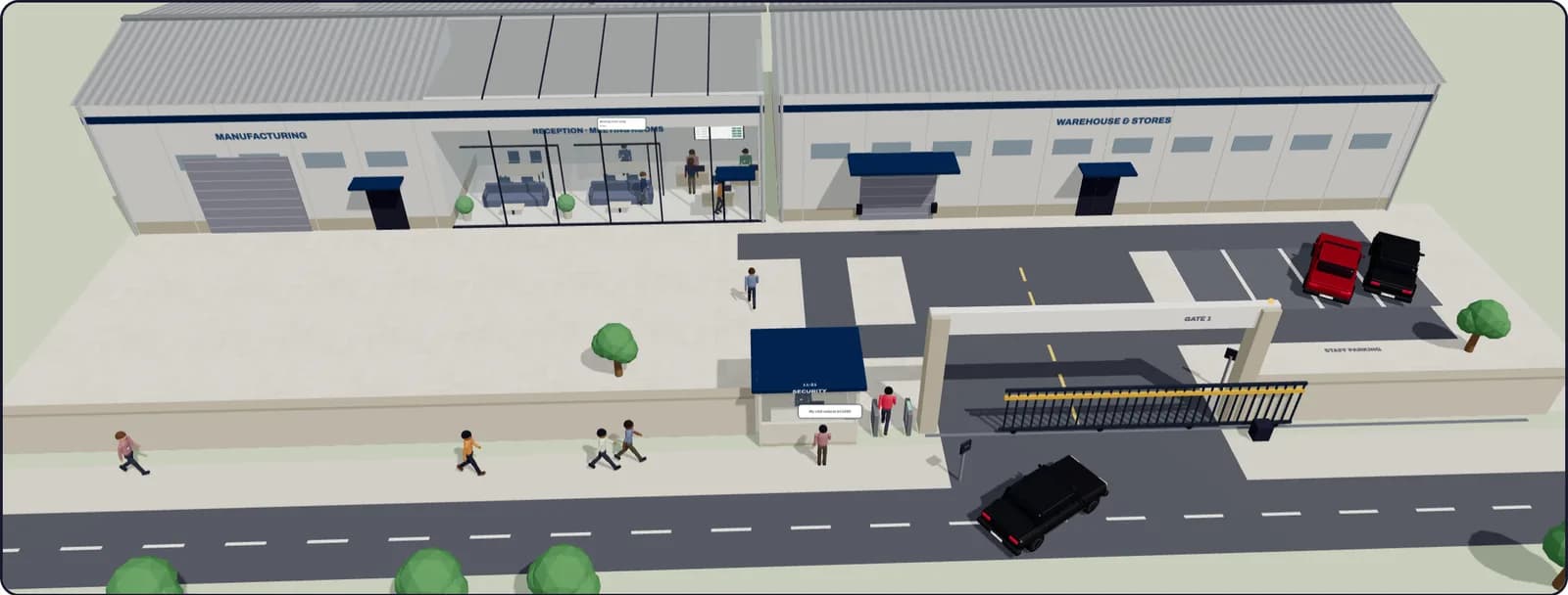 3D simulation of a plant gate with the security cabin, turnstile, RFID sliding gate, reception, staff parking and a vehicle arriving.