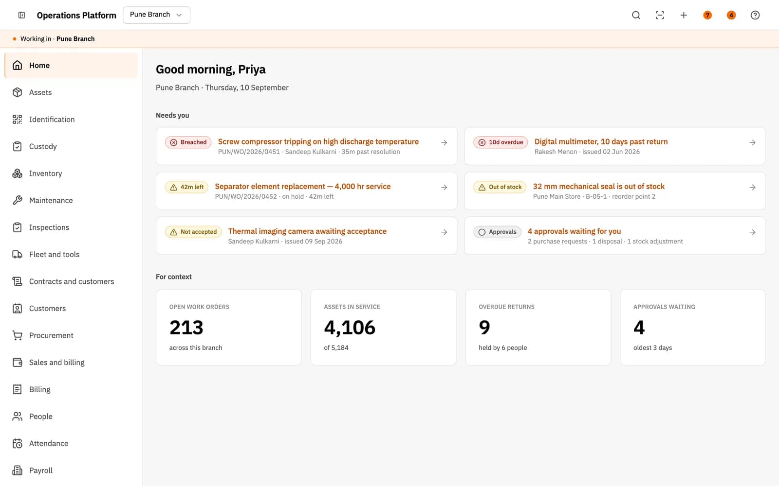 Branch home dashboard listing a breached work order, an overdue tool return, an out-of-stock seal and pending approvals, above counts of open work orders, assets in service, overdue returns and approvals