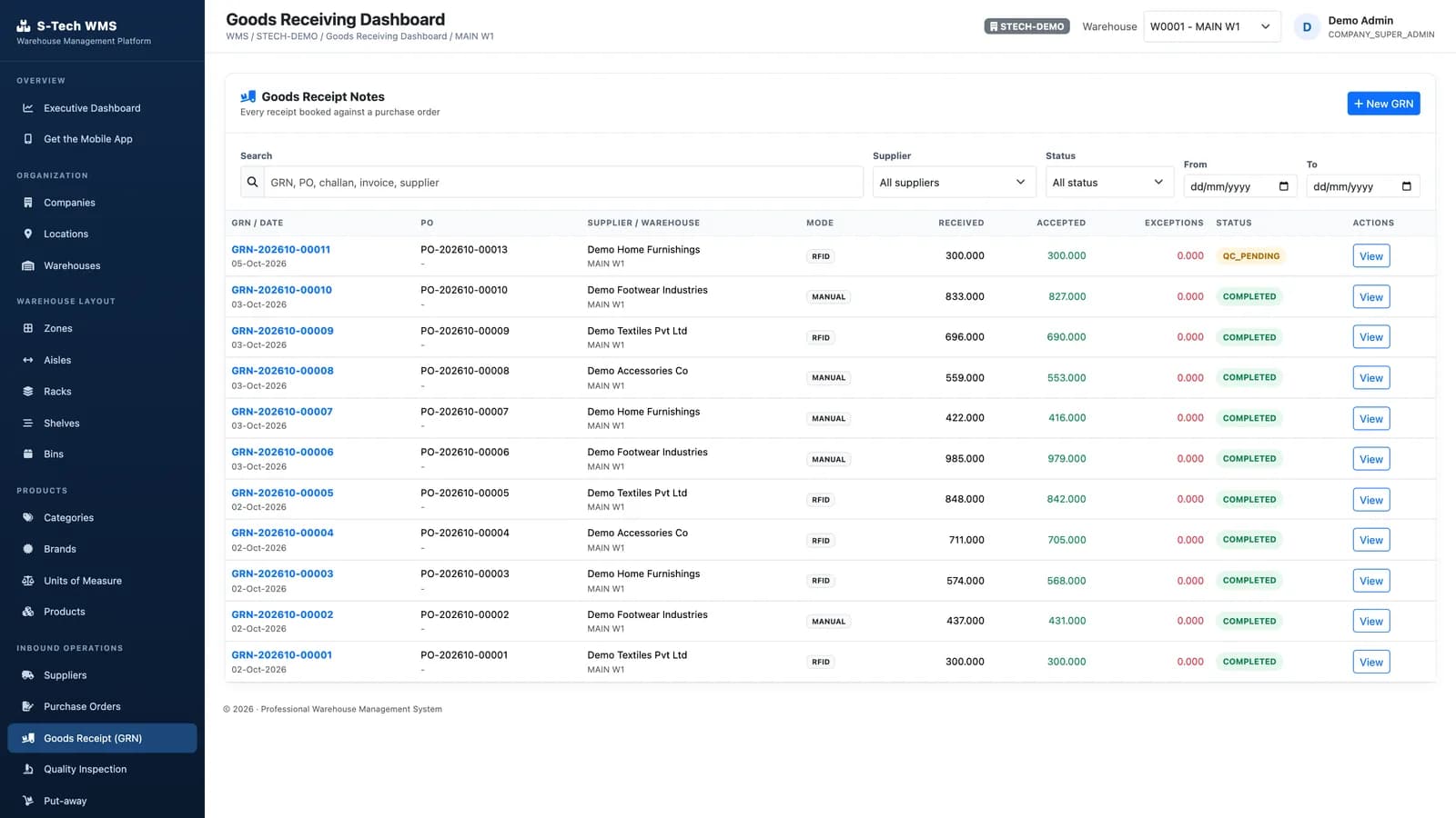 Goods receipt notes list with PO, supplier, manual or RFID receiving mode, received and accepted quantities and status