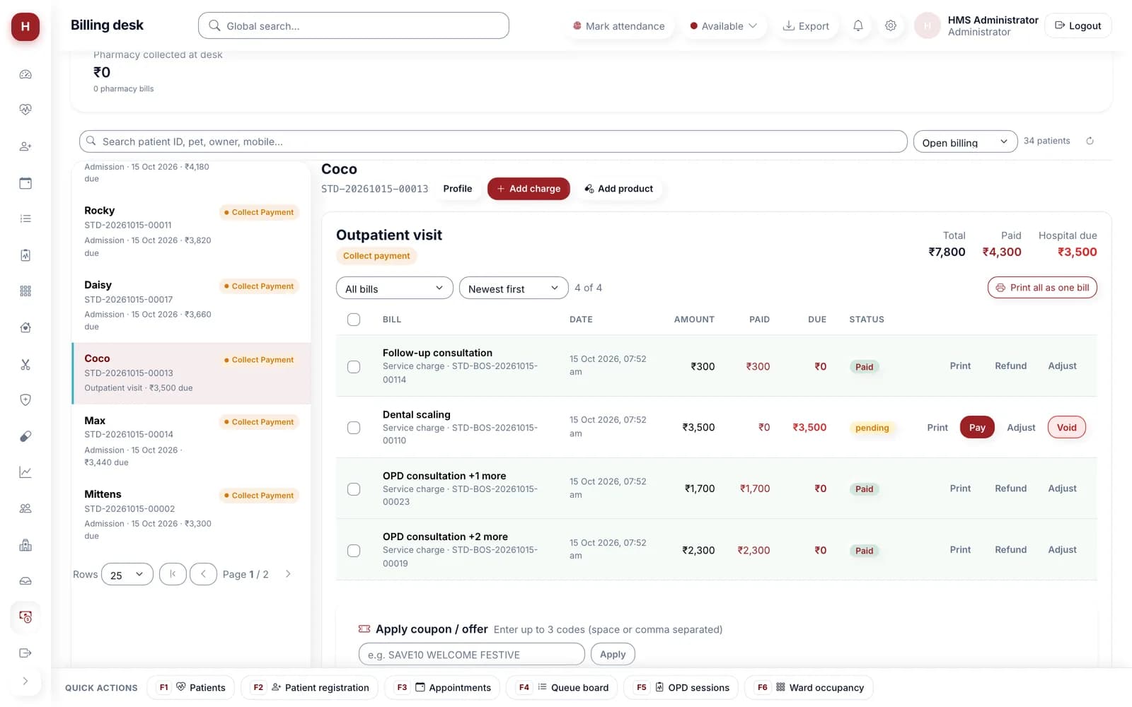 Billing desk with patients awaiting payment on the left and one patient’s bills with amount, paid, due, status and print, refund and adjust actions.