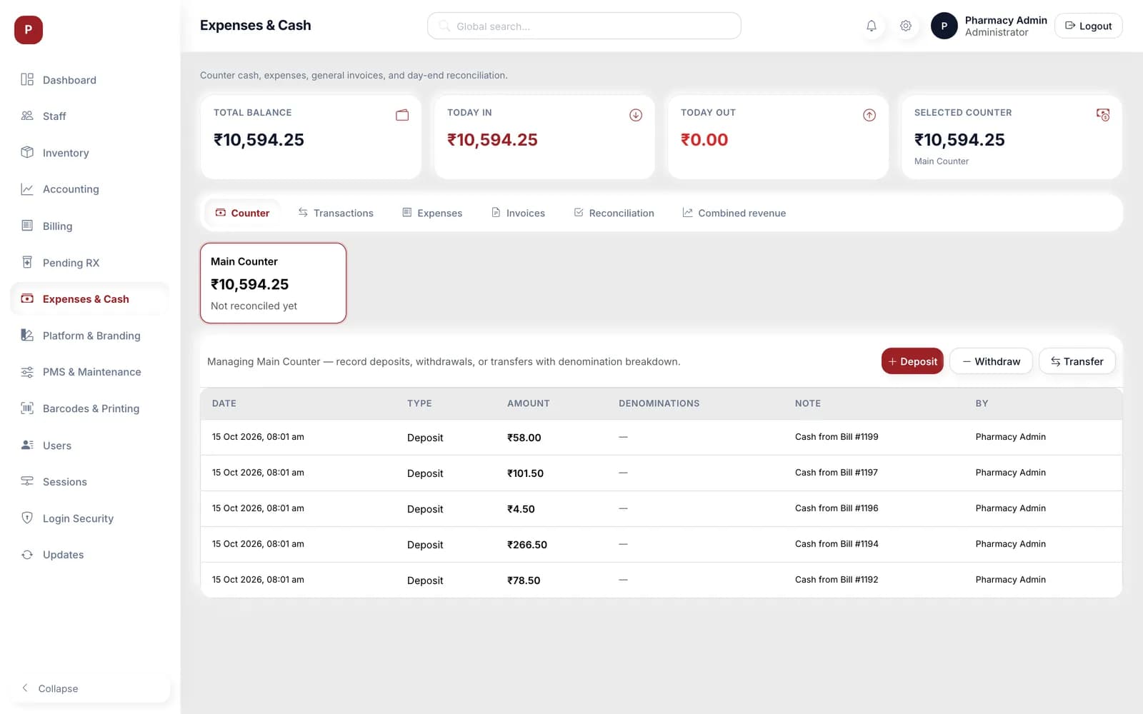 Expenses and cash screen with total balance, today in and out, the main counter balance and a list of deposits from bills.
