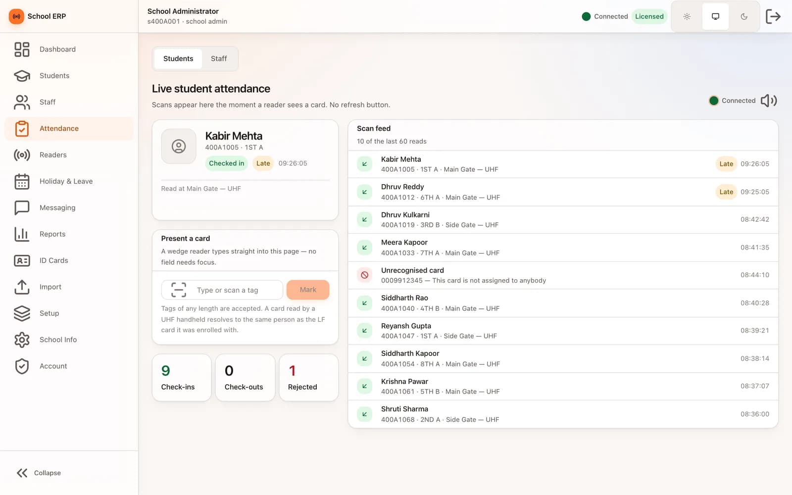 Live student attendance panel with gate check-ins, late arrivals and an unrecognised card in the scan feed