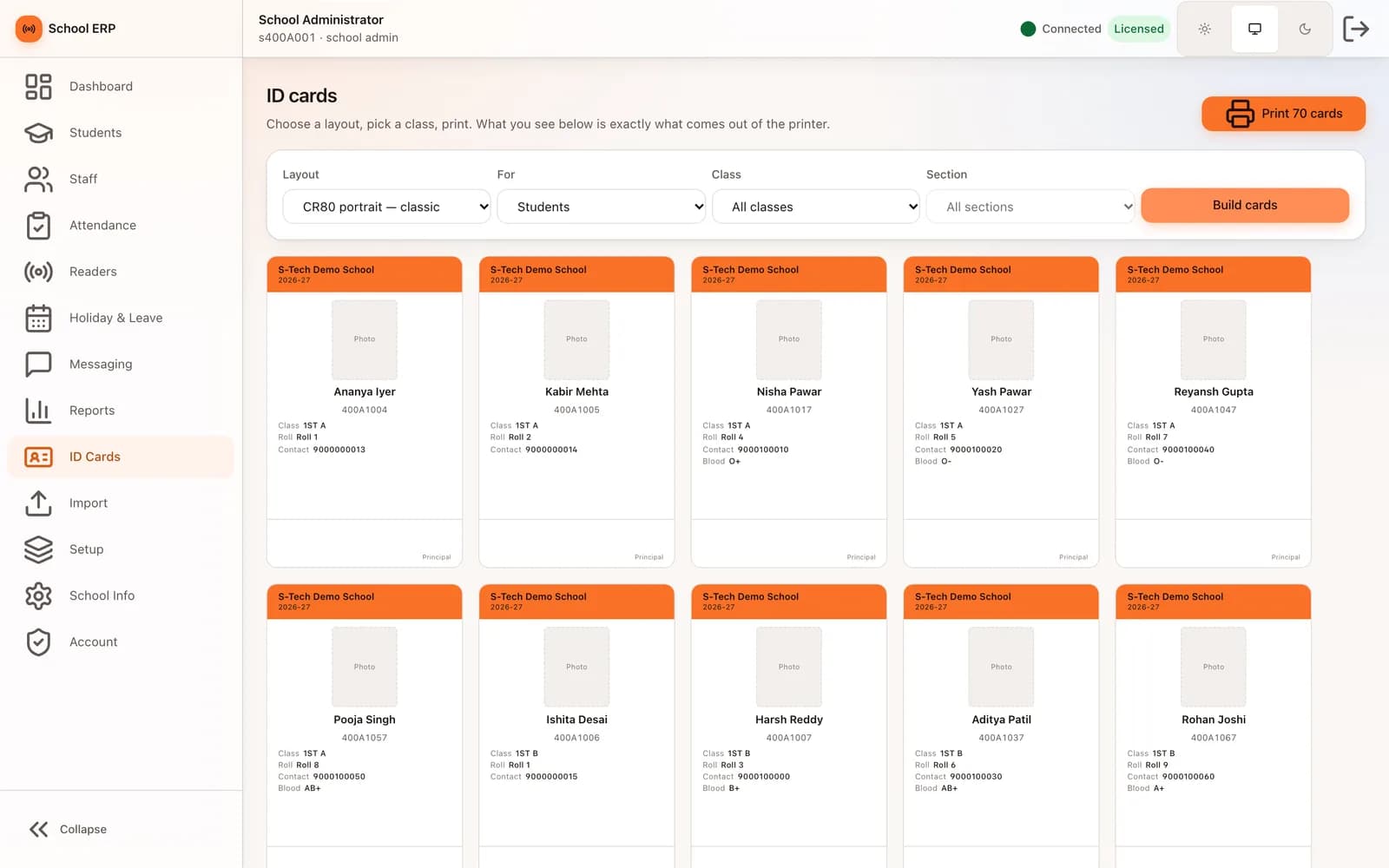 Student ID cards built in the CR80 portrait layout with name, code, class, roll and contact